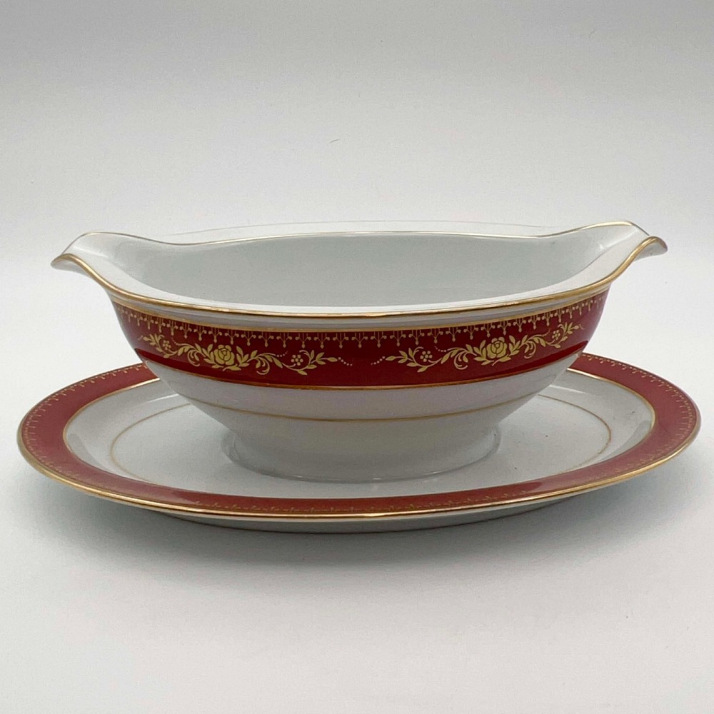 Noritake Goldhill 6613 Gravy Boat‎ w Underplate Red Gold Trim Japan EUC